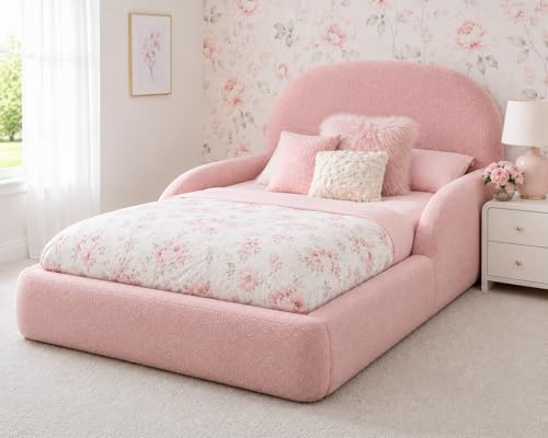 J&S BEDS Lumora Kids Bed Frame for Boys & Girls – Safe Design – With or Without Ottoman Gaslift (See Variations) (3ft Single Slat Base No Storage No Mattress, Pink)