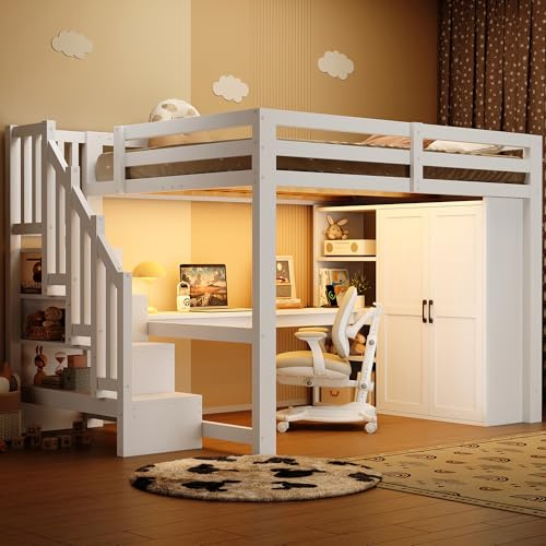 YuQozii 140x200 Hochbett mit Schreibtisch und Regal, Kleiderschrank, Stauraumtreppe, USB und LED-Leuchten, Weiß