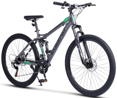 kozamas 27,5 Zoll Fully Mountainbike für Erwachsene | 21 Gang Schaltung & Scheibenbremsen | Full-Suspension MTB Fahrrad | Für Gelände 160-175 cm, Grau-Grün (85% montiert)
