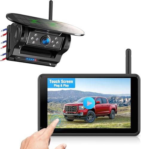 Solar Powered Wireless Reversing Camera Kit 5 1080P Monitor, 1 Min DIY Installation & Support 2 Split Screen, IP69K Waterproof Reversing Camera for Car Van Truck Trailer