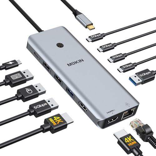 MOKiN Docking station USB C Dual Monitor, 13 in 1 HUB USB C Dual 4K@60Hz con 2 HDMI, Gigabit Ethernet, ricarica rapida PD 100 W, 5Gbps Docking USB C per computer portatili MacBook/Dell/HP