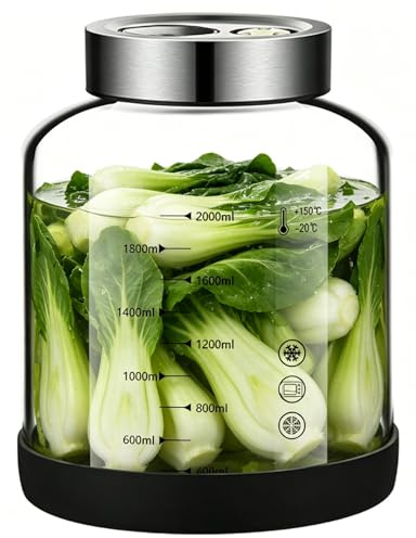 Calenxy Tarro de fermentación con tapa, tarro de fermentación de 2 l, recipiente para kimchi, kéfir de cristal con válvula de fermentación, vaso de fermentación de chucrut, tarro para pepino/chucrut
