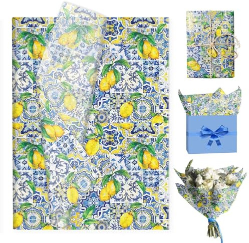 Dermalyx 100 Stück Zitronen Seidenpapier, Geschenkpapier Set, Zitronen Party Deko, Verpackungspapier für Blumen Süßigkeiten, Sommer Tischdeko Zitrone 50x35 cm