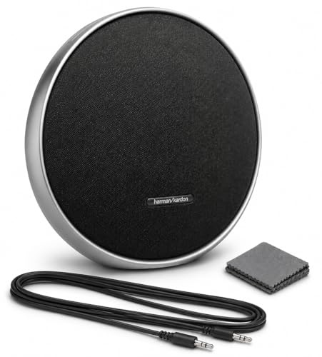 Harman Kardon Onyx Studio 9 - Portable Bluetooth Speaker Bundle - Self-Tuning, Built-in Battery, USB Charging, Aluminum Handle + Aux Cable + Cleaning Cloth, Wireless Home & Outdoor Speaker