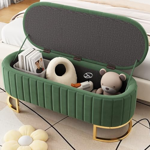 FAVSH Polsterbank mit Stauraum 120 x 40 cm, Samt Aufbewahrungsbox, Gepolsterte Fußbank mit StauraumSchlafkoffer Fußbank Sofabank Sitzbank für Flur, Wohnzimmer, Schlafzimmer (Grün)
