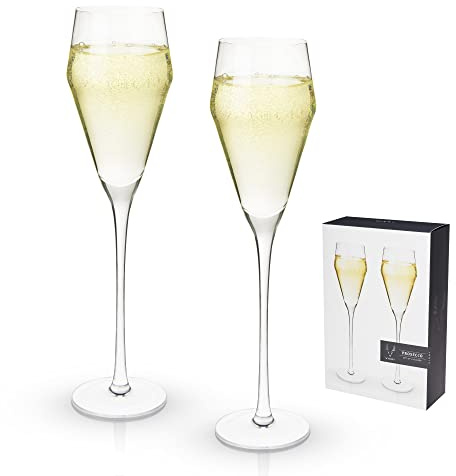 Viski Angled Prosecco Sparkling Wine Glasses, Crystal Clear Long Stemmed Champagne Glasses Gift Set, Sleek Glassware for Wedding Gifts, Housewarming, Dinner Party, Home Bar, 8 oz, Set of 2