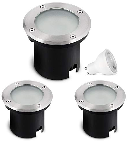 SSC-LUXon 3 Stück LED Bodeneinbauleuchte MARNE für Aussen IP67 - inkl. LED GU10 230V 6W warmweiß - runder Bodenstrahler mit Milchglas