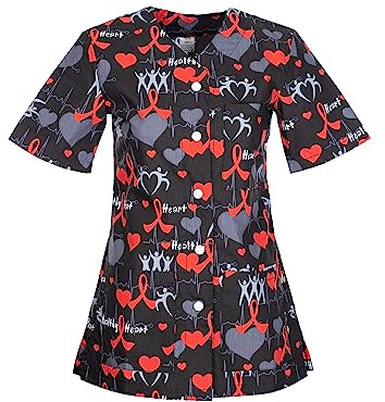 DINOZAVR Carla Blouse Medicale Femme - Tenue Infirmiere Professionnelle Imprimé Coloré, Manches Courtes, Col en V, 2 Poches Inférieures, 1 Poche Supérieure, Fermeture à Bouton Noir/Coeurs XL