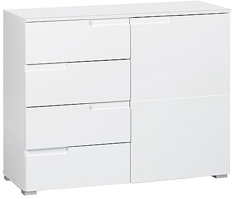 Möbel Jack Kommode - Weiß Hochglanz - B 100 cm - 1 Tür - 4 Schubladen