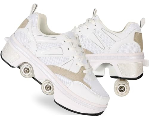 Mädchen und Kinder Rollschuhe Schuhe mit Rollen Verstellbar Quad Kick Roller Skates for Women 2 in 1 Inline-Skates Deformation Sneakers für Anfänger,Grau-42EU