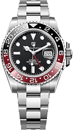 Pagani Design GMT Herren 40 mm Automatikuhr Saphirglas Edelstahl 100 Wasserbeständigkeit Analoguhr Mechanische Herrenuhren Geschenkuhr für Herren(Schwarz Rot)