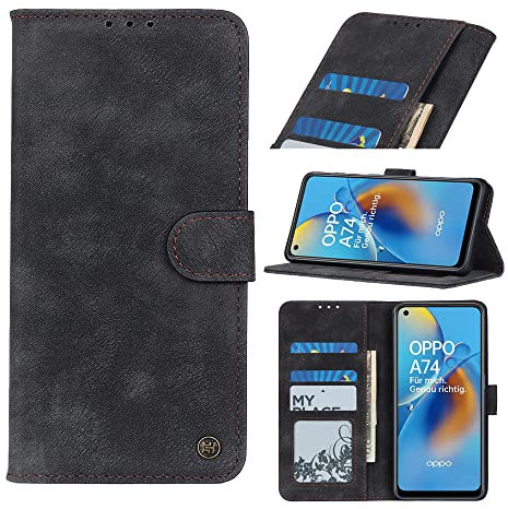 AnnhanT Handyhülle für Oppo F19/OPPO A74 4G Hülle, Oppo F19/OPPO A74 4G lederhülle, [Kartenfäche,Standfunktion,Magnet], schutzhülle Flip Case für Oppo F19/OPPO A74 4G case - Schwarz