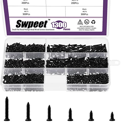 Swpeet 1295Pcs 5mm 6mm 8mm 10mm 12mm 16mm Small Wood Screws Assortment Kit, Self Drilling Flat Cross Head Screws Self Tapping Screws Metal Screws Furniture Screws (Black)