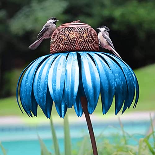 Metall Blumenform Vogelfutterspender Garten Outdoor Sonnenhut Ständer Vogelfutterspender Sonnenhut Stehende Vogelfutterstation Außendekoration Fenster Garten Blume Vogelfutterstation (Blau)