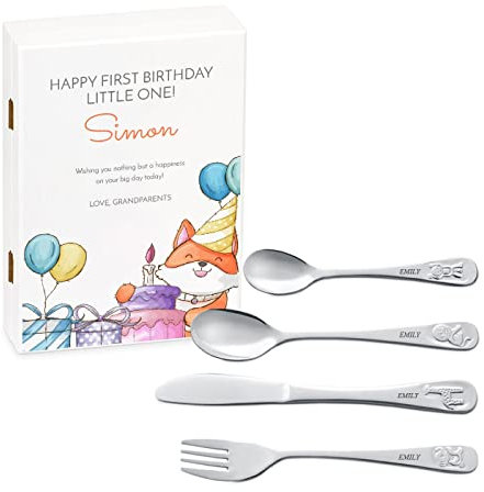 MAVERTON Kids Silverware in a Wooden Box – Personalised Animals Cutlery Set – Stainless Steel Engraved Utensil Set – for Boys - Birthday Party