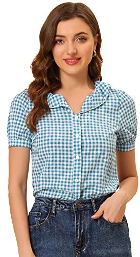 Allegra K Chemise à carreaux vichy pour femme, haut à carreaux pour femme, col volant, manches courtes, bleu, 36