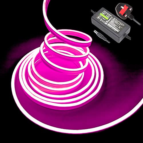 Pink neon LED Strip Lights – 16.4ft/5m 12V DC Flexible Rope Light with 600 high-Density SMD2835 LEDs, Featuring IP65 Waterproof Rating for Indoor and Outdoor Decoration (Includes Power Adapter).