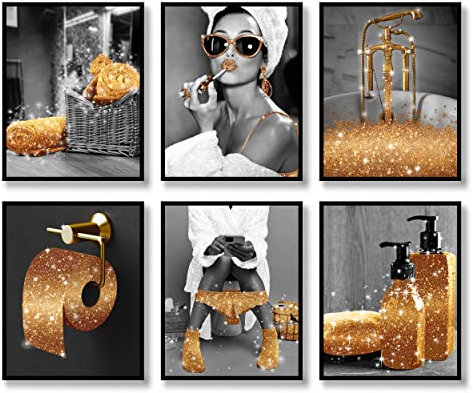 Luodroduo Modische Wandkunstdrucke, Set mit 6 schwarz-weiß-goldenen Glam-Glitzer-Poster auf Leinwand für Badezimmer, moderne Frauen, lustiges Kunstwerk (B & W Gold, 20,3 x 25,4 cm, ungerahmt)