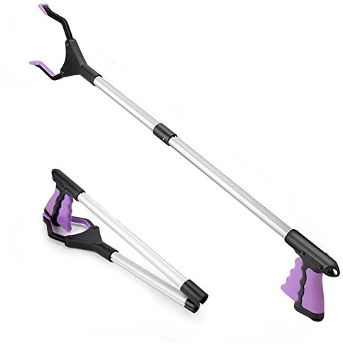 Foldable Litter Pickers,32 Long Arm Rubbish Pick Up Tool with Magnetic Tip, Ergonomic Handle with Rotating Head, Grabber Stick Trash Picker, Anti-Slip Grip (Purple)