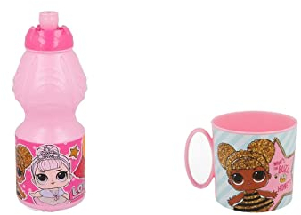 ALMACENESADAN 4762 Back to School Lol Surprise Pack consisting of 400ml water bottle and microwave safe 9oz cup reusable plastic product BPA free