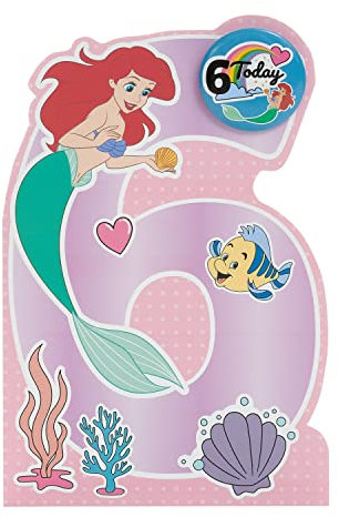 UK Greetings Disney Geburtstagskarte zum 6. Geburtstag für sie/Mädchen, Happy Birthday Geschenke, Mädchen, Frauen, Ariel-Design, mit Umschlag, 143 x 216 mm