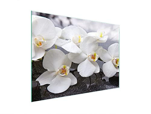 DarHaus Herdabdeckplatte 1 Teilig 30x22 cm Ceranfeldabdeckung Küche Elektroherd Induktion Herdschutz Spritzschutz Glasplatte Schneidebrett, Orchidee Weiß