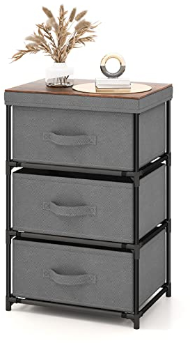 COSTWAY Nachttisch mit 3 Schubladen, Beistelltisch mit Metallrahmen, Kommode, Aufbewahrungsschrank, Stoffkommode für Schlafzimmer, Wohnzimmer, Flur, 40 x 30 x 62 cm (Grau)