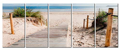 decomonkey - Tableau Acoustique Plage Mer 150x60 5 Pièces - Impression sur Toile Décoration Maison Isolation Peinture Image Phonique Déco Bureau Panneaux AcoustiquesBeige bois mer sable plage eau