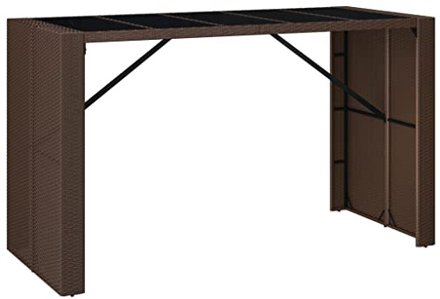 Makastle PE-Rattan Bartisch mit Glasplatte, Stehtisch Küchentisch mit Stahlgestell, Gartentisch Bistrotisch Balkontisch für Garten & Terrasse, Industrie-Design, Braun 185x80x110 cm Poly Rattan