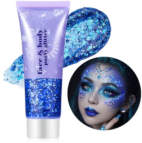 Go Ho Blue Face Body Glitter Gel,Singer Concerts Face Glitter Makeup,Holographic Long Lasting Chunky Sequins Glitters for Eye Lip Hair Nails,Festival Rave Accessories,01 Blue Glitter 52g