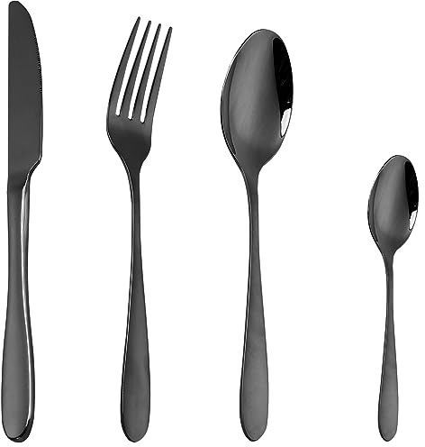 CAOPAOTI Couverts de table noirs 24 pièces, Set de couvert acier inox service 6 personnes, Ensemble de ménagére avec fourchette couteau cuillère, Moderne design et lavable au lave-vaisselle