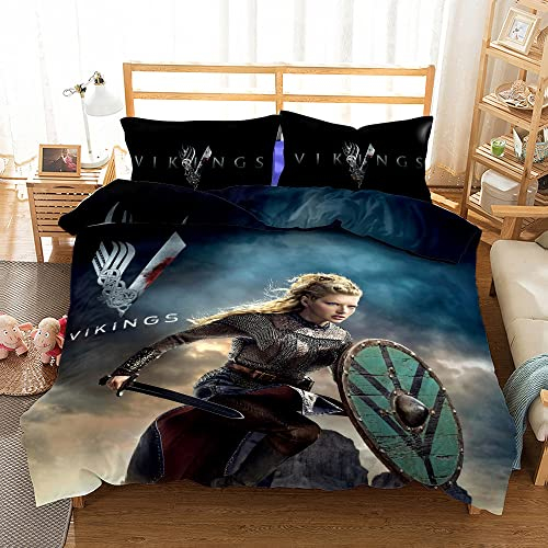 Kinderbettwäsche 135x200cm Jungen Wikinger Bettbezug Set 3 Teilig Wikinger-Kriegerin Schild Schwert Microfaser Einzelbett 3D Motiv Luxus Modern mit Reißverschluss und 2 Kissenbezüge 80 x 80cm