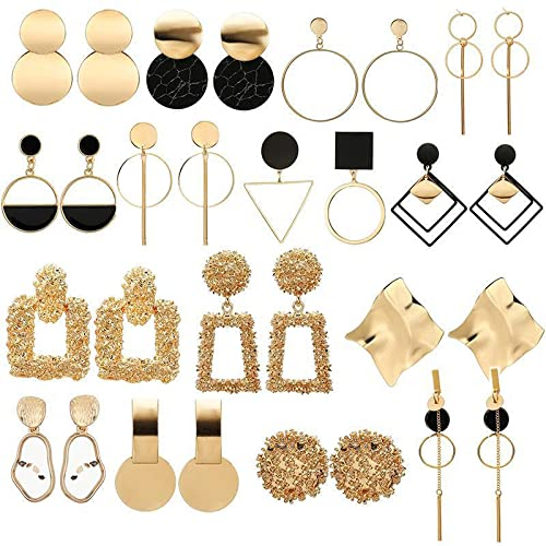 10 Paar Statement Ohrringe für Damen Mädchen - Geometrische Metallic Große Set in Goldfarbe - Hypoallergen Plättchen Hängeohrringe, Leichtgewichtig Rechtwinklig Rund Quadratisch