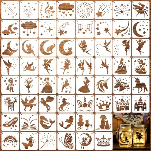 SRIZIAN 60 Stück Kleine Schablonen Set mit Feen, 7.6x7.6cm Wiederverwendbar Schablonen Zeichenschablonen Malschablonen der DIY Schablonen für kinder Scrapbooking Holz Wand Möbel Leinwand Deko