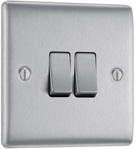 AMK® BG Electrical Brushed Steel Light Switch 10AX 2 Way 2 Gang Double Pole Plate Switch Rounded Edge Modern Design