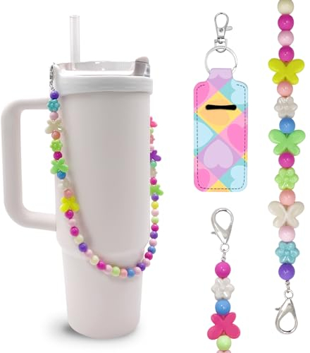 Lingdeer Wasserflaschengriff mit Chapstick-Halter, handgefertigtes buntes Perlen-Umhängeband, Träger mit Gurt, passend für die meisten 237 - 1,2 l Flaschen, kompatibel mit Stanley Cup-Zubehör