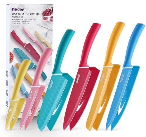 hecef Küchenmesser Set 6-teilig, Edelstahl Messer mit Schutzhüllen, Scharfe Messer Set mit Bunte Non-Stick Klinge und Soft Touch Griff, Profi Kochmesser Set für Köche