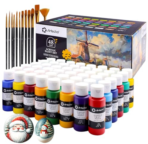 Artecho Acrylic Paints Set 48 Colors 2 Ounce/59ml with 10 Art Brushs, Non Toxic, Model Paint, Waterproof Paint, Acrylic Paint Kit for Canvas, Crafts, Glass, Clay, Wood, Fabric, Poster, Leather&Rock