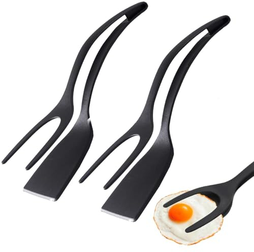 PKKP Espátula y Pinzas 2 en 1, Espátula para Huevos de Silicona Antiadherente, Espátula para Huevos Fritos, Pinzas para Dar la Vuelta a Huevos, Hamburguesas, Filetes, Panqueques, Pizza y más (Negro x
