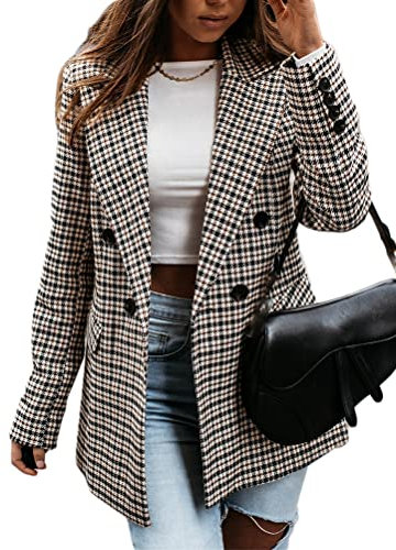 seiveini Blazer à Carreaux Femme Élégant col V Manteau Veste de Costume à Boutons Chaud Jacket Trench Coat Bouton Manche Longue Classique Noir 1 M