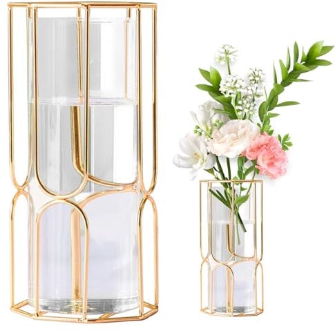 Vase Decoratif Design,Vase or 24cm,Cylindre En Verre Avec Support De Vase Decoratif Design Géométrique En Fer-Vase En Verre Pour Plantes Hydroponiques Et Fleurs,Centre De Table Pour Mariage à Domicile