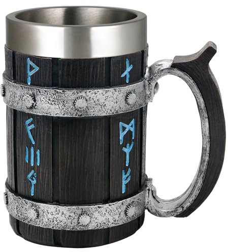 Wikinger-Tasse, 595 ml, nordische Wikinger-Runen-Kaffeetasse, Geschenke für Männer, nordische Mythologie, Dekoration, Holzfass-Bierkrug, Edelstahl-Krug