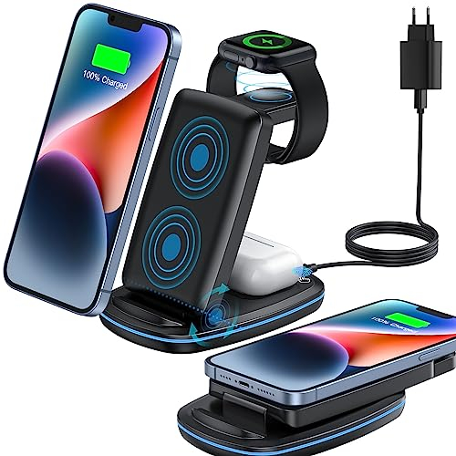 CAVN 3 in 1 Kabelloses Ladegerät, Wireless Charger Kompatibel mit iPhone 15 14 13 12 11 Pro Max/XS/X, iWatch Ultra 9 8 7 6 SE 5 4 3 2, AirPods Pro/2/3,Induktive Ladestation, Schwarz