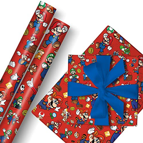 MAJEQZGY Mario Geschenkpapier 2 Rollen 43 cm x 3 m Geschenkpapier Langlebig Geschenk Papier Pack für Kindergeburtstag, Party Aufbewahrung Festliche Dekoration (Rote Münze)