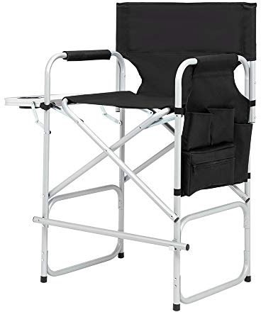 Outopee 26 Tall Directors Chair Height Seat Folding with Side Table Storage Bag, Portable Makeup Artist Chair with Bar Height, Support for 300Lbs, Black (Silver White)