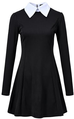LUYANA Halloween Costumes for Adult Women Peter Pan Collar A Line Fit and Flare Skater Casual Dress L Black
