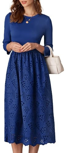 Ladies A Line Midi Dress Round Collar 3/4 Sleeve Elegant Flowy Swing Dress Solid Colour Flared Midi Dress Royal Blue L