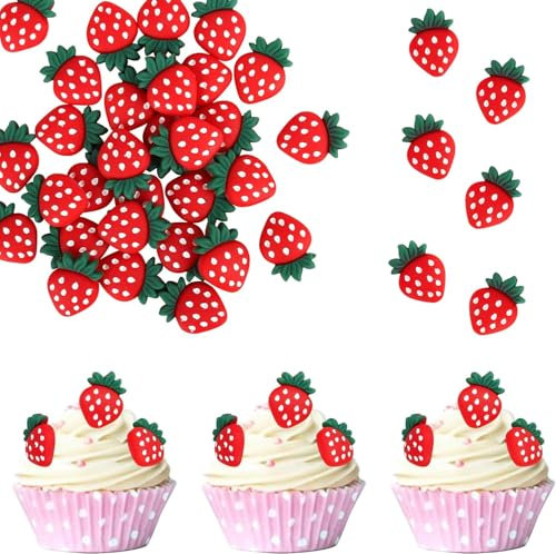 Lot de 30 décorations de gâteau en forme de fraise rouges - Décoration de gâteau à la fraise - Thème fruits - Pour fête prénatale et enfant - Rouge