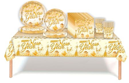 69pcs Happy New Year Eve Party Tableware - Plastic Table Cloth, Plates, Cups, Napkins, White Gold Dinnerware Set for 2025 New Year Eve Decorations