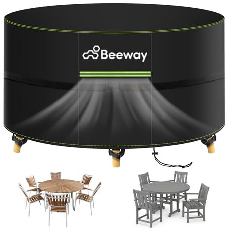 BEEWAY Garden Table Cover Round Waterproof with Air Vent, Patio Furniture Table and Chair Set Cover Outdoor - 420D Oxford Fabric, Windproof - Circular Φ190 x 80cm